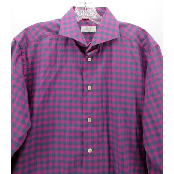 Eton Shirt 16 Pink Button Down Plaid Slim Preppy Casual Woven Large - Picture 2 of 10